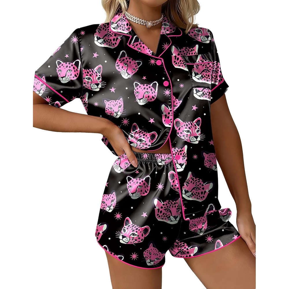 image:imageEkouaer Silk Satin Pajama Set for Women Funny Graphic Sleepwear S5XLPink Leopard