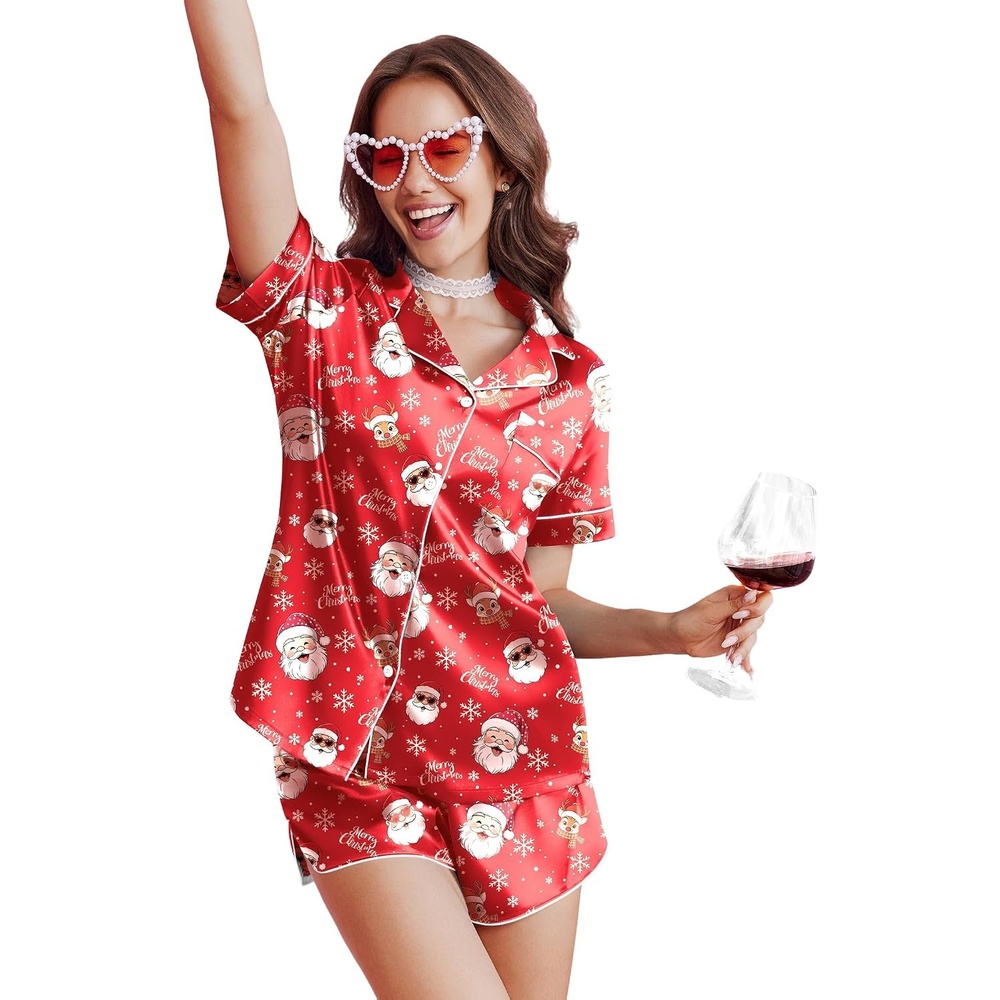 image:imageEkouaer Silk Satin Pajama Set for Women Funny Graphic Sleepwear S5XLRed Christmas Santa
