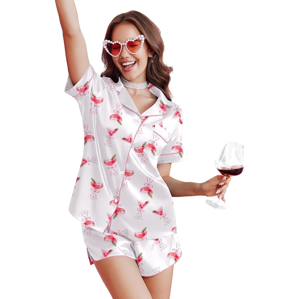 image:imageEkouaer Silk Satin Pajama Set for Women Funny Graphic Sleepwear S5XLRibbon Pink Martini