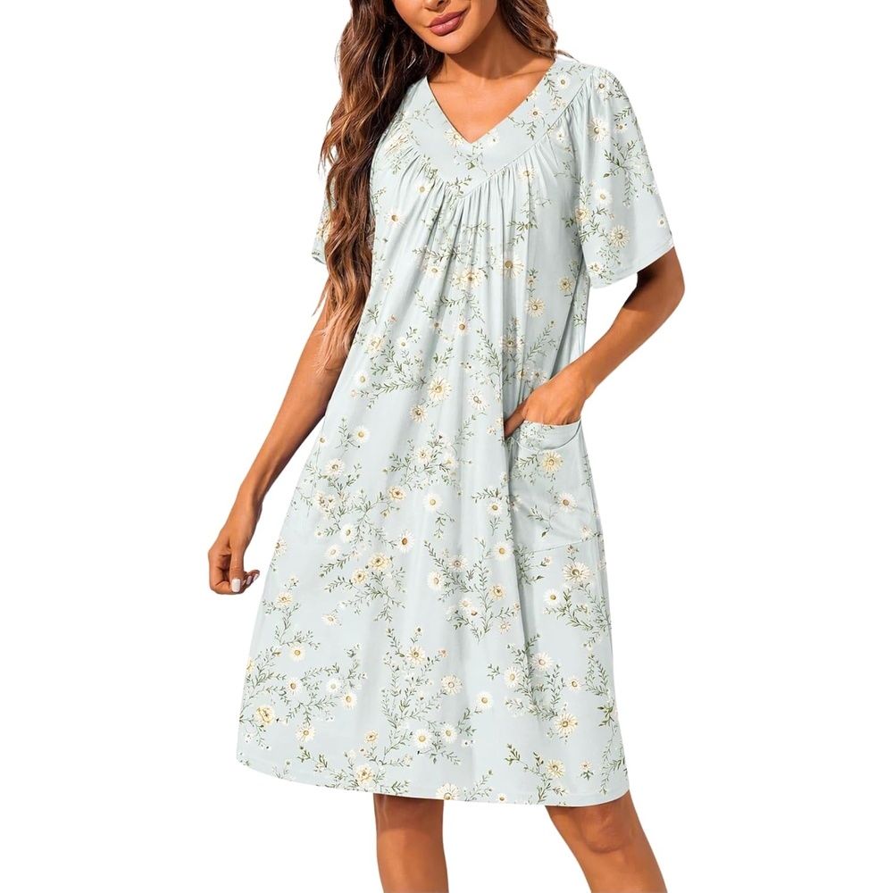 image:imageEkouaer Womens House Dress Floral Print Nightgown with Pockets Mumu DressLight Green Daisies