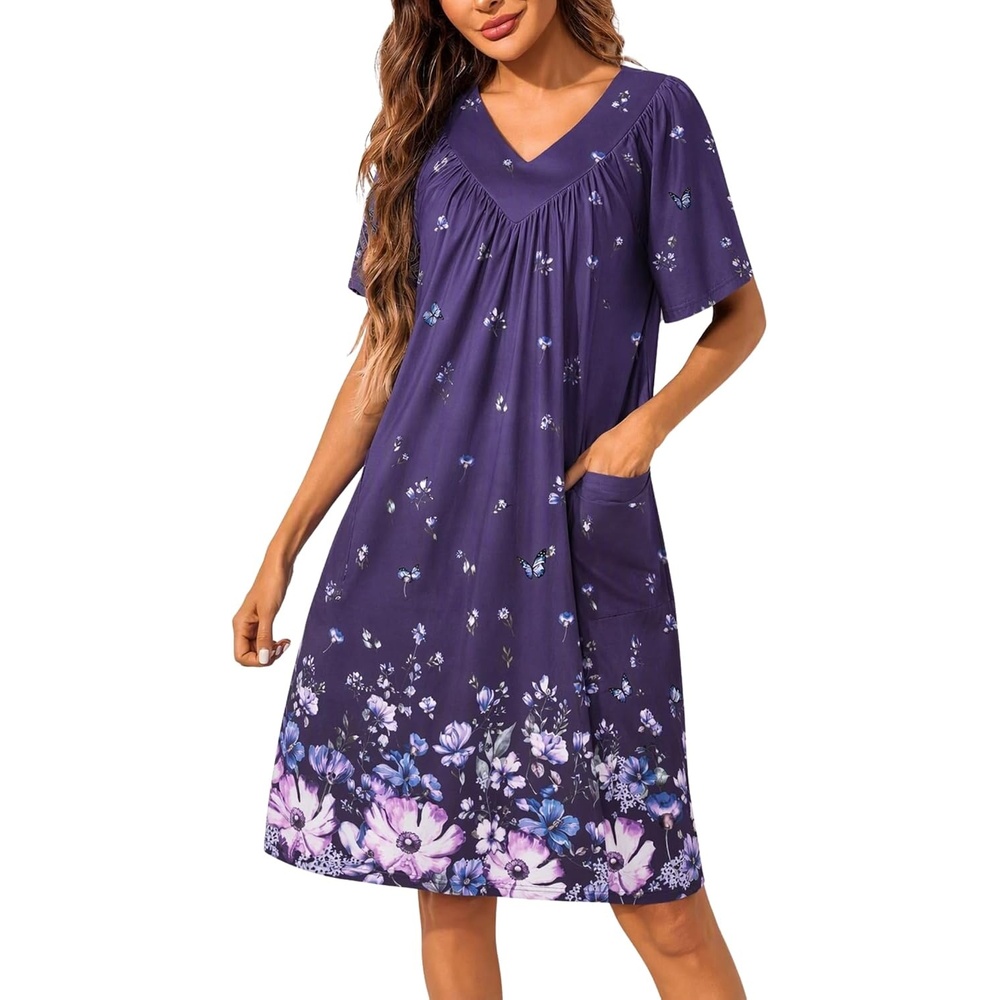 image:imageEkouaer Womens House Dress Floral Print Nightgown with Pockets Mumu DressPurple Butterfly Flower