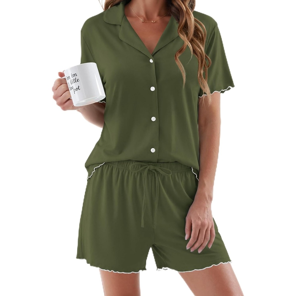 image:imageEkouaer Womens Pajama Sets Button Up Pjs Shorts Set Soft Sleepwear SXXLArmy Green