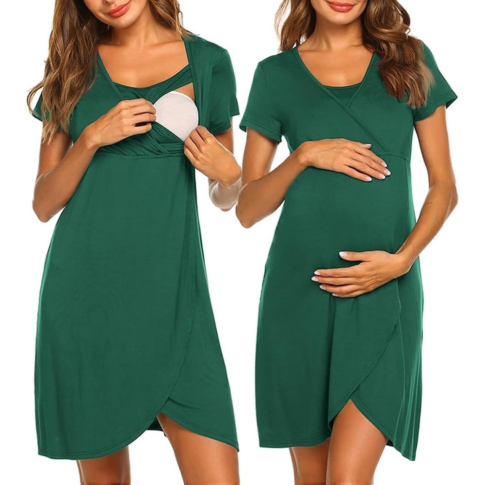 image:imageNursing Nightgown Short Sleeve Breasfeeding Birthing Gown Maternity DressDeep Green
