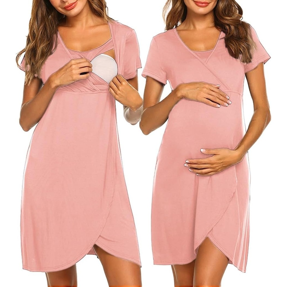 image:imageNursing Nightgown Short Sleeve Breasfeeding Birthing Gown Maternity DressPink