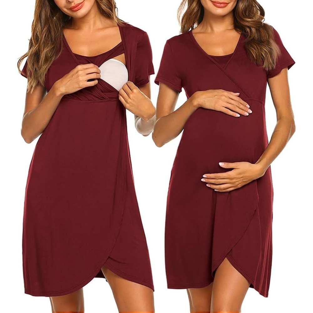 image:imageNursing Nightgown Short Sleeve Breasfeeding Birthing Gown Maternity DressWine Red