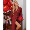 Ekouaer Robes for Women Long Knit Bathrobe Soft 3/4 Sleeves Kimono Robe(Wine Red)