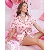 Ekouaer Silk Satin Pajama Set for Women Funny Graphic Sleepwear S-5XL(Pink Gingham Chili Heart)