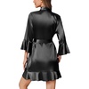 Ekouaer Women’s Satin Robe Short Ruffle Hem Silky Kimono Brides Bathrobes(Black)