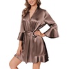 Ekouaer Women’s Satin Robe Short Ruffle Hem Silky Kimono Brides Bathrobes(Brown)