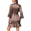 Ekouaer Women’s Satin Robe Short Ruffle Hem Silky Kimono Brides Bathrobes(Brown)