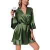 Ekouaer Women’s Satin Robe Short Ruffle Hem Silky Kimono Brides Bathrobes(Dark Army Green)
