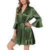 Ekouaer Women’s Satin Robe Short Ruffle Hem Silky Kimono Brides Bathrobes(Dark Army Green)