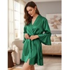 Ekouaer Women’s Satin Robe Short Ruffle Hem Silky Kimono Brides Bathrobes(Dark Green)