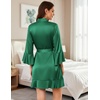 Ekouaer Women’s Satin Robe Short Ruffle Hem Silky Kimono Brides Bathrobes(Dark Green)