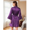 Ekouaer Women’s Satin Robe Short Ruffle Hem Silky Kimono Brides Bathrobes(Dark Purple)