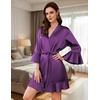Ekouaer Women’s Satin Robe Short Ruffle Hem Silky Kimono Brides Bathrobes(Dark Purple)
