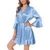 Ekouaer Women’s Satin Robe Short Ruffle Hem Silky Kimono Brides Bathrobes(Light Blue)