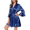 Ekouaer Women’s Satin Robe Short Ruffle Hem Silky Kimono Brides Bathrobes(Navy Blue)