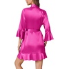 Ekouaer Women’s Satin Robe Short Ruffle Hem Silky Kimono Brides Bathrobes(Rose Red)