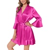Ekouaer Women’s Satin Robe Short Ruffle Hem Silky Kimono Brides Bathrobes(Rose Red)