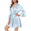 Ekouaer Women’s Satin Robe Short Ruffle Hem Silky Kimono Brides Bathrobes(White & Blue Leopard)
