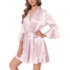 Ekouaer Women’s Satin Robe Short Ruffle Hem Silky Kimono Brides Bathrobes(White & Pink Leopard)