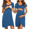 Nursing Nightgown Short Sleeve Breasfeeding Birthing Gown Maternity Dress(Blue)