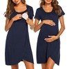 Nursing Nightgown Short Sleeve Breasfeeding Birthing Gown Maternity Dress(Navy Blue)