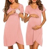 Nursing Nightgown Short Sleeve Breasfeeding Birthing Gown Maternity Dress(Pink)