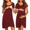Nursing Nightgown Short Sleeve Breasfeeding Birthing Gown Maternity Dress(Wine Red)