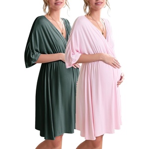 Ekouaer 3 in 1 Labor/Delivery/Hospital Gown 2 Pack Maternity Dress Nursing Nightgown Sleepwear(Dark Green/Pink)