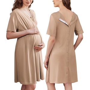 Ekouaer Labor and Delivery Gown for Hospital V Neck Maternity Nursing Dress(Khaki)