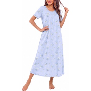 Ekouaer Long Nightgowns for Women Bamboo Viscose Short Sleeve House Dresses(1- Light Blue Floral)