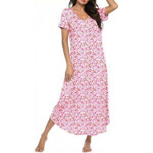 Ekouaer Long Nightgowns for Women Bamboo Viscose Short Sleeve Sleepshirt(Floral Pink)