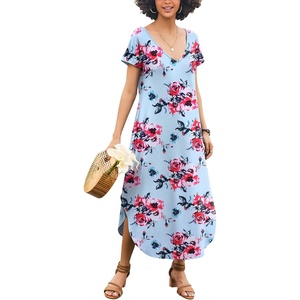 Ekouaer Long Nightgowns for Women V Neck Moo Moos House Dress with Pockets(Floral Grey)