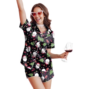 Ekouaer Silk Satin Pajama Set for Women Funny Graphic Sleepwear S-5XL(Black Santa & Christmas Tree Print)