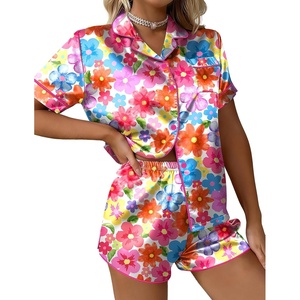 Ekouaer Silk Satin Pajama Set for Women Funny Graphic Sleepwear S-5XL(Bright Floral Print)