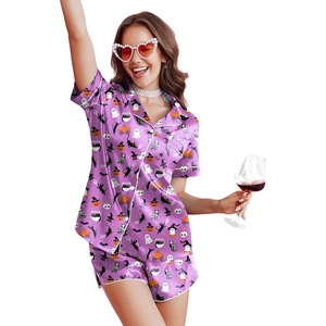 Ekouaer Silk Satin Pajama Set for Women Funny Graphic Sleepwear S-5XL(Halloween Pruple Print)