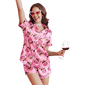 Ekouaer Silk Satin Pajama Set for Women Funny Graphic Sleepwear S-5XL(Pink Christmas Gingerbread Print)