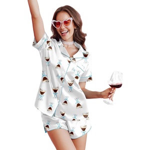 Ekouaer Silk Satin Pajama Set for Women Funny Graphic Sleepwear S-5XL(Ribbon Blue Martini)