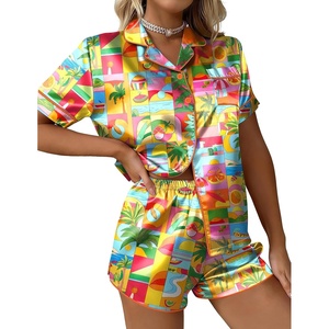 Ekouaer Silk Satin Pajama Set for Women Funny Graphic Sleepwear S-5XL(Tropical Print)