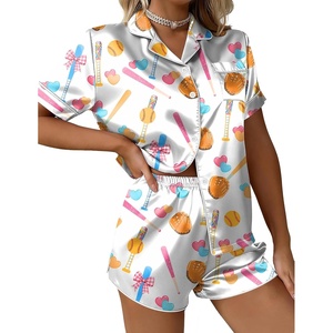 Ekouaer Silk Satin Pajama Set for Women Funny Graphic Sleepwear S-5XL(White Bow Softball)