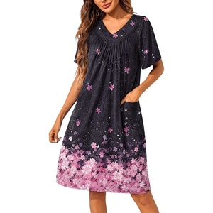 Ekouaer Womens House Dress Floral Print Nightgown with Pockets Mumu Dress(Black Sakura)