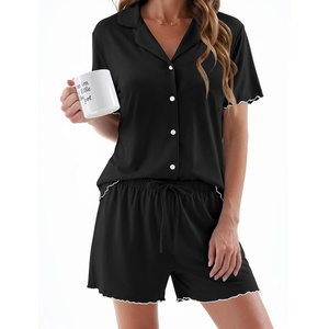 Ekouaer Womens Pajama Sets Button Up Pjs Shorts Set Soft Sleepwear S-XXL(Black)