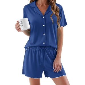 Ekouaer Womens Pajama Sets Button Up Pjs Shorts Set Soft Sleepwear S-XXL(Deep Blue)