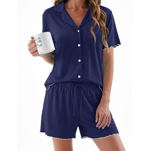 Ekouaer Womens Pajama Sets Button Up Pjs Shorts Set Soft Sleepwear S-XXL(Navy Blue)