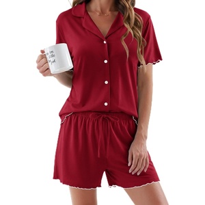 Ekouaer Womens Pajama Sets Button Up Pjs Shorts Set Soft Sleepwear S-XXL(Wine Red)
