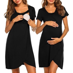 Nursing Nightgown Short Sleeve Breasfeeding Birthing Gown Maternity Dress(Black)