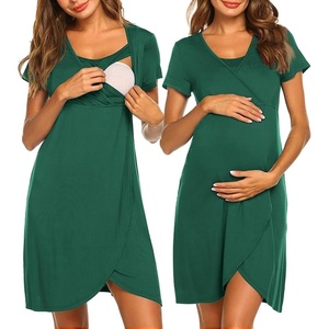 Nursing Nightgown Short Sleeve Breasfeeding Birthing Gown Maternity Dress(Deep Green)