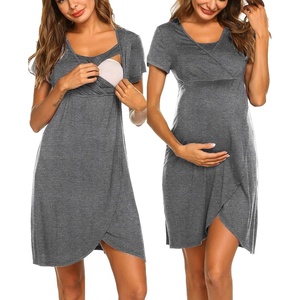 Nursing Nightgown Short Sleeve Breasfeeding Birthing Gown Maternity Dress(Grey)